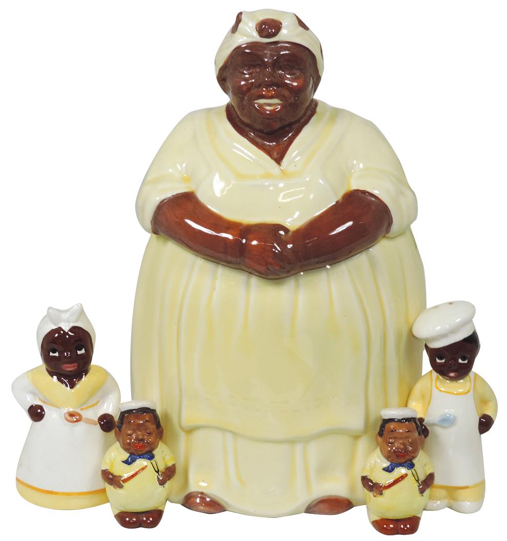 Black Americana (5), Mosaic Tile Company Mammy cookie: Black Americana (5), Mosaic Tile Company Mammy cookie jar in yellow dress & polka dot scarf, Mammy & Chef S&P & smaller Chef S&P, all w/yellow clothing, all Exc cond, up to 13"H.