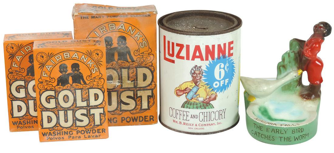 Black Americana (5), souvenir naughty chalkware ash: Black Americana (5), souvenir naughty chalkware ash receiver from Niagara Falls, Luzianne Coffee tin & 3 Gold dust boxes w/contents, Good to Exc cond, 1 box w/some damage, largest 6"H.