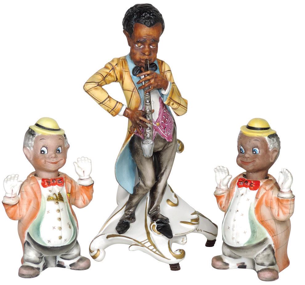 Black Americana, pair of Black nodders & Black man: Black Americana, pair of Black nodders & Black man w/saxophone figure, all are ceramic, all Exc cond, 6.5" & 11"H.