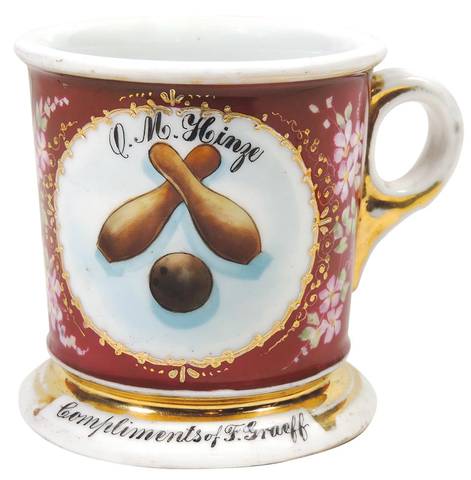 Occupational Shaving Mug, Bowler, bottom stamped Gunkel: Occupational Shaving Mug, Bowler, bottom stamped Gunkel B.S. Co.-St. Louis, personalized O.M. Hinze-Compliments of F. Graeff, cranberry wrap, Exc cond w/some wear on top & bottom gold bands, 4"H.