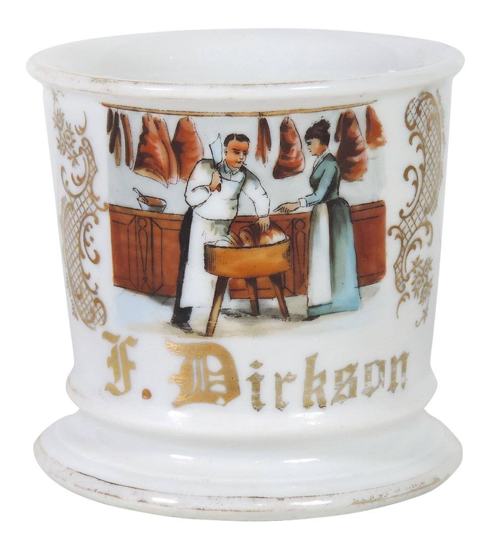 Occupational Shaving Mug, Butcher, Butcher Shop: Occupational Shaving Mug, Butcher, Butcher Shop w/butcher cutting meat w/cleaver, great image, bottom stamped V x D Austria, personalized F. Dirkson, Exc cond w/wear on gold bands, 3.5"H.