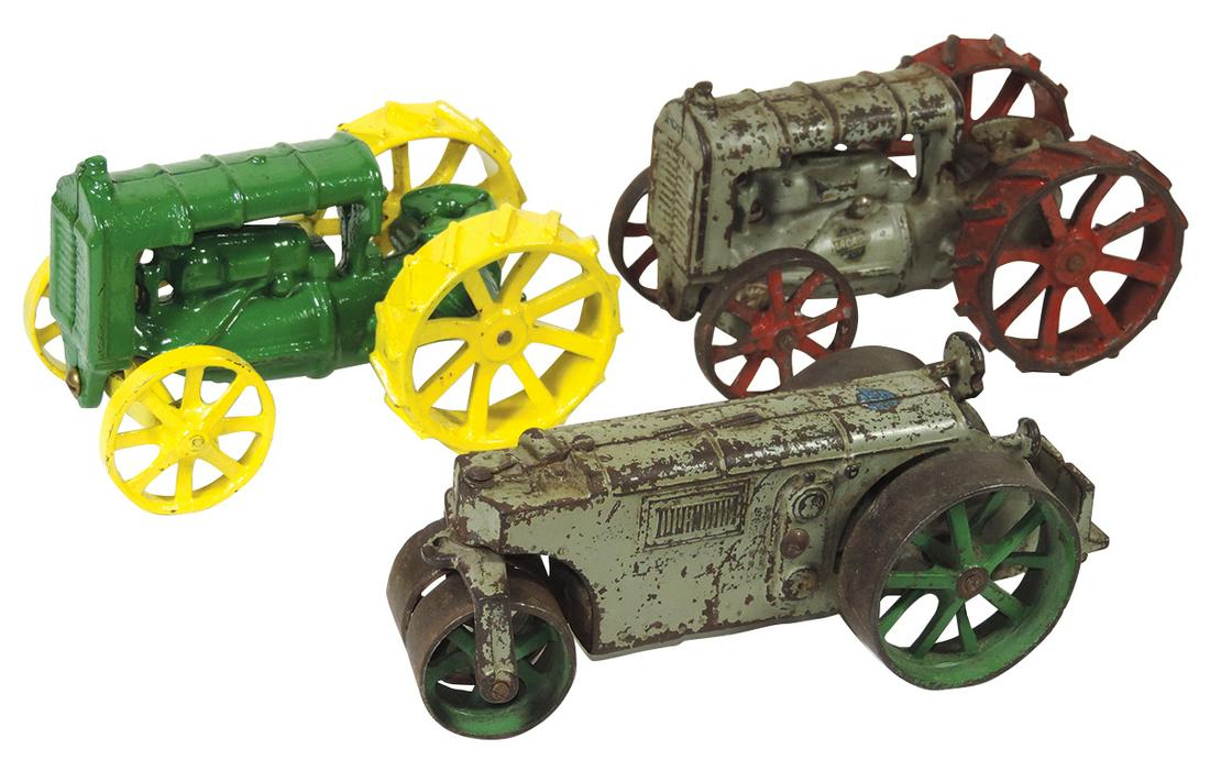 Farm Toys, Arcade Tractors & Road Roller (3), (2): Farm Toys, Arcade Tractors & Road Roller (3), (2) 1920's cast iron Fordson tractors, one w/orig paint, one repainted, both w/out drivers & 1928 cast iron #291 Austin Autocrat 7 Road Roller, gray body 
