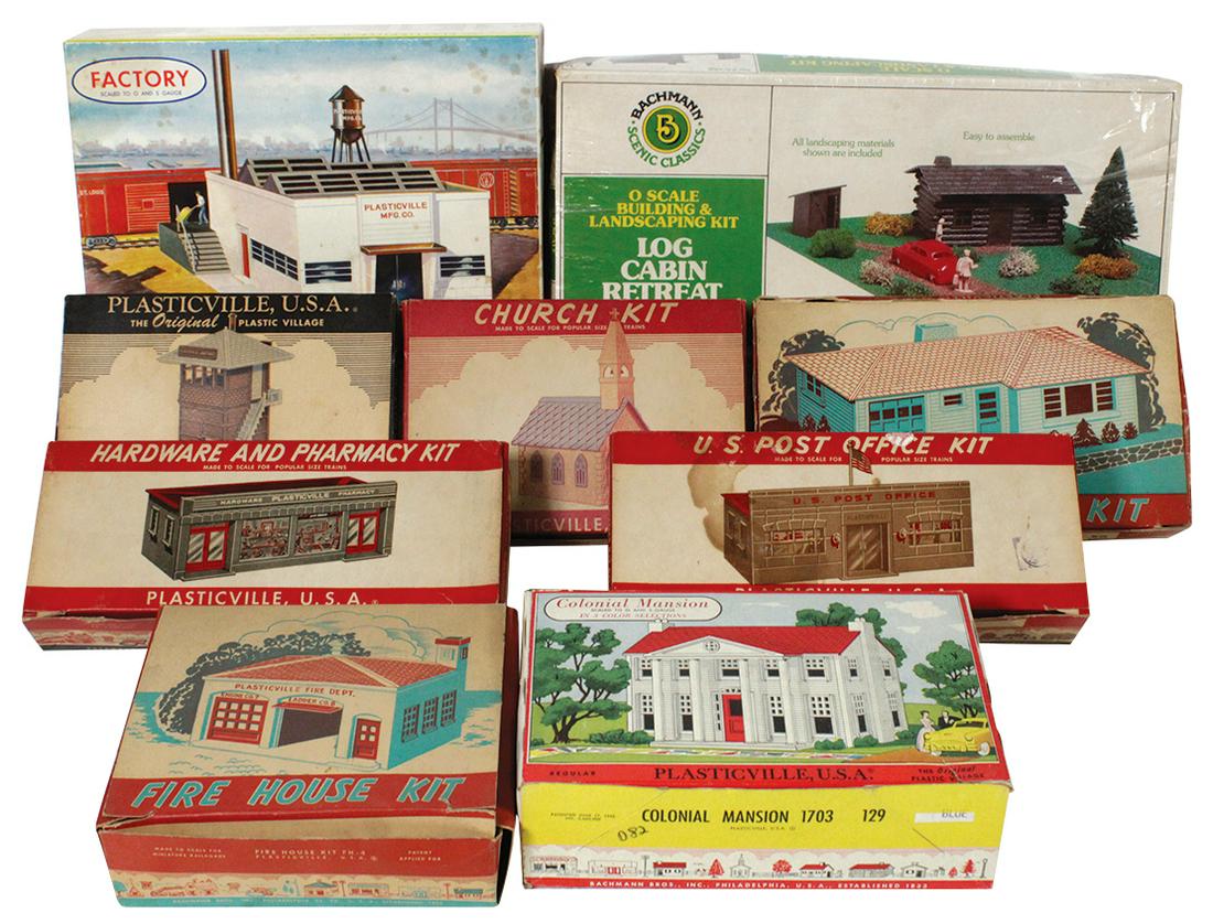 Toy Train Buildings (9), Bachmann Plasticville in "O": Toy Train Buildings (9), Bachmann Plasticville in "O" gauge, 1950's & later in orig boxes, unassembled, VG to Exc cond, largest 14"L.