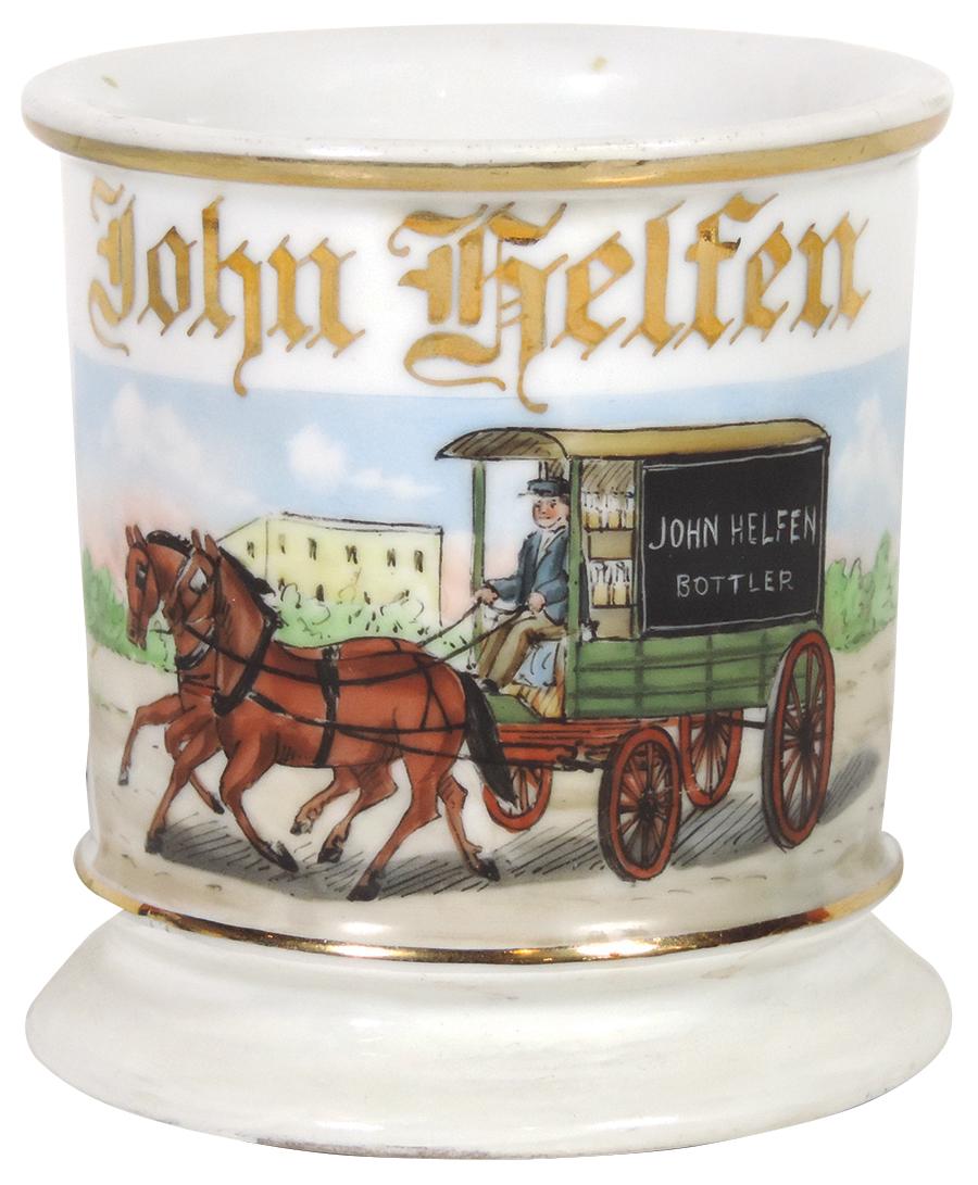 Occupational Shaving Mug, Bottling, Bottler Wagon: Occupational Shaving Mug, Bottling, Bottler Wagon marked John Helfen Bottler & personalized w/his name, unmarked bottom, colorful & detailed image, Near-Mint cond, 3.75"H.