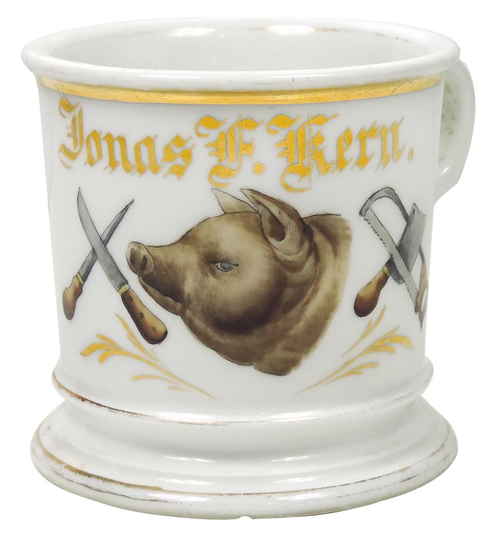 Occupational Shaving Mug, Butcher, Hog's Head: Occupational Shaving Mug, Butcher, Hog's Head w/butchering tools, Uncommon, bottom stamped T&V-Limoges France & G.B.S. Co. handwritten decorator's mark, 2 glazed over factory flakes on bottom, o/wise 