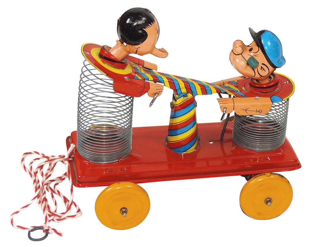 Toy Popeye & Olive Oyl Stretchy Hand Car, Linemar-Japan: Toy Popeye & Olive Oyl Stretchy Hand Car, Linemar-Japan litho on tin pull toy w/orig cord, figures move up & down as toy is pulled, marked King Features, colors are bright & glossy, Exc cond w/minor p