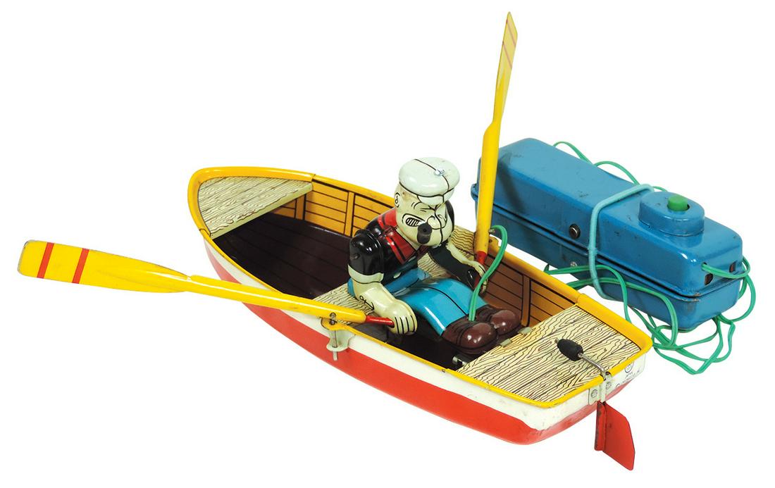 Toy Popeye and Row Boat, Linemar battery-operated: Toy Popeye and Row Boat, Linemar battery-operated remote control litho on tin w/moving oars, Near-Mint working cond, appears to never have been played with, 10"L.