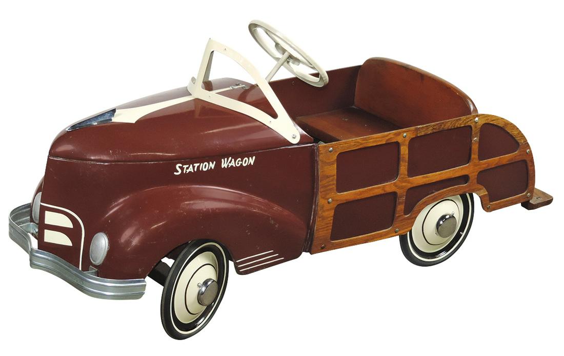 Child's Pedal Car, 1949 "Woody" Station Wagon: Child's Pedal Car, 1949 "Woody" Station Wagon, mfgd by Garton, older repaint retaining orig wood in VG cond w/ some scrapes, wear & small loss on one wood strip, 47"L x 21"H x 16"W.