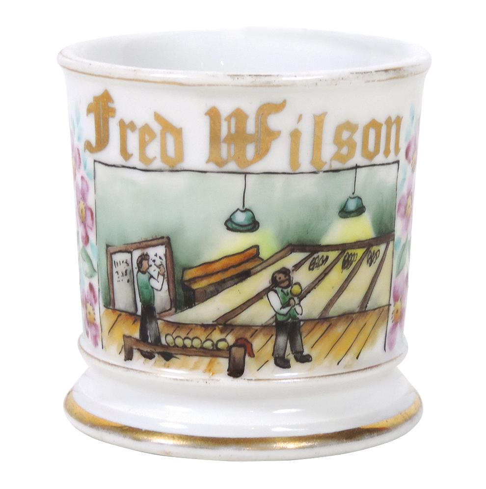Occupational Shaving Mug, Bowling Alley w/bowler &: Occupational Shaving Mug, Bowling Alley w/bowler & scorekeeper, Very Rare, bottom stamped T&V Limoges France & decorator's no. & initial, personalized Fred Wilson, Exc+ to Near-Mint cond w/very minor
