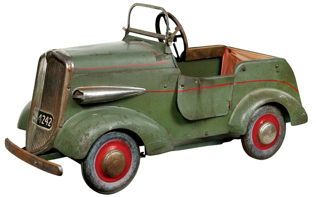 Child's Pedal Car, Triang "Premier", pressed steel: Child's Pedal Car, Triang "Premier", pressed steel, operating driver's door & boot cover, c.1930's, Good orig cond w/various dents, dings & missing door handle & radiator ornament, 21"H x 42"L.