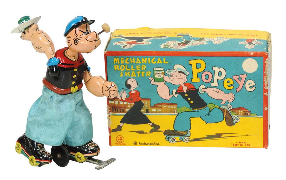 Toy Popeye Roller Skater, Linemar litho on tin windup: Toy Popeye Roller Skater, Linemar litho on tin windup w/orig box, marked King Features, toy in Near-Mint to Mint working cond w/strong color & gloss, box in VG+ cond w/some wear on edges, 6"H.