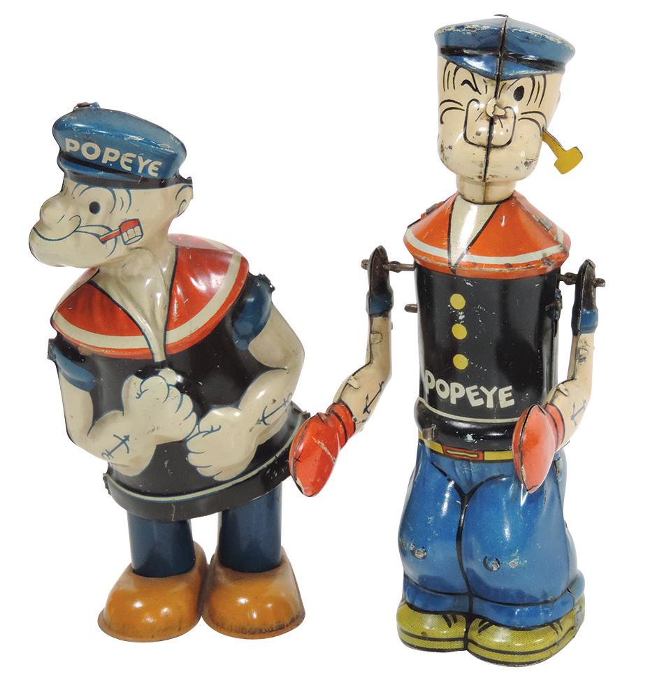 Toys (2), Popeye Walker & Popeye Overhead Bag Puncher: Toys (2), Popeye Walker & Popeye Overhead Bag Puncher (figure only), both Chein litho on tin windups, Walker in Exc working cond w/minor paint nicks, Bag Puncher figure in VG+ cond w/some scattered pa