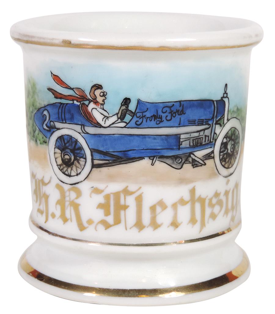 Occupational Shaving Mug, Ford Race Car # with Driver,: Occupational Shaving Mug, Ford Race Car # with Driver, car marked "Fronly Ford", Rare image, bottom stamped J&C Austria, personalized H.R. Flerhsig, Near-Mint cond, 3.75"H.