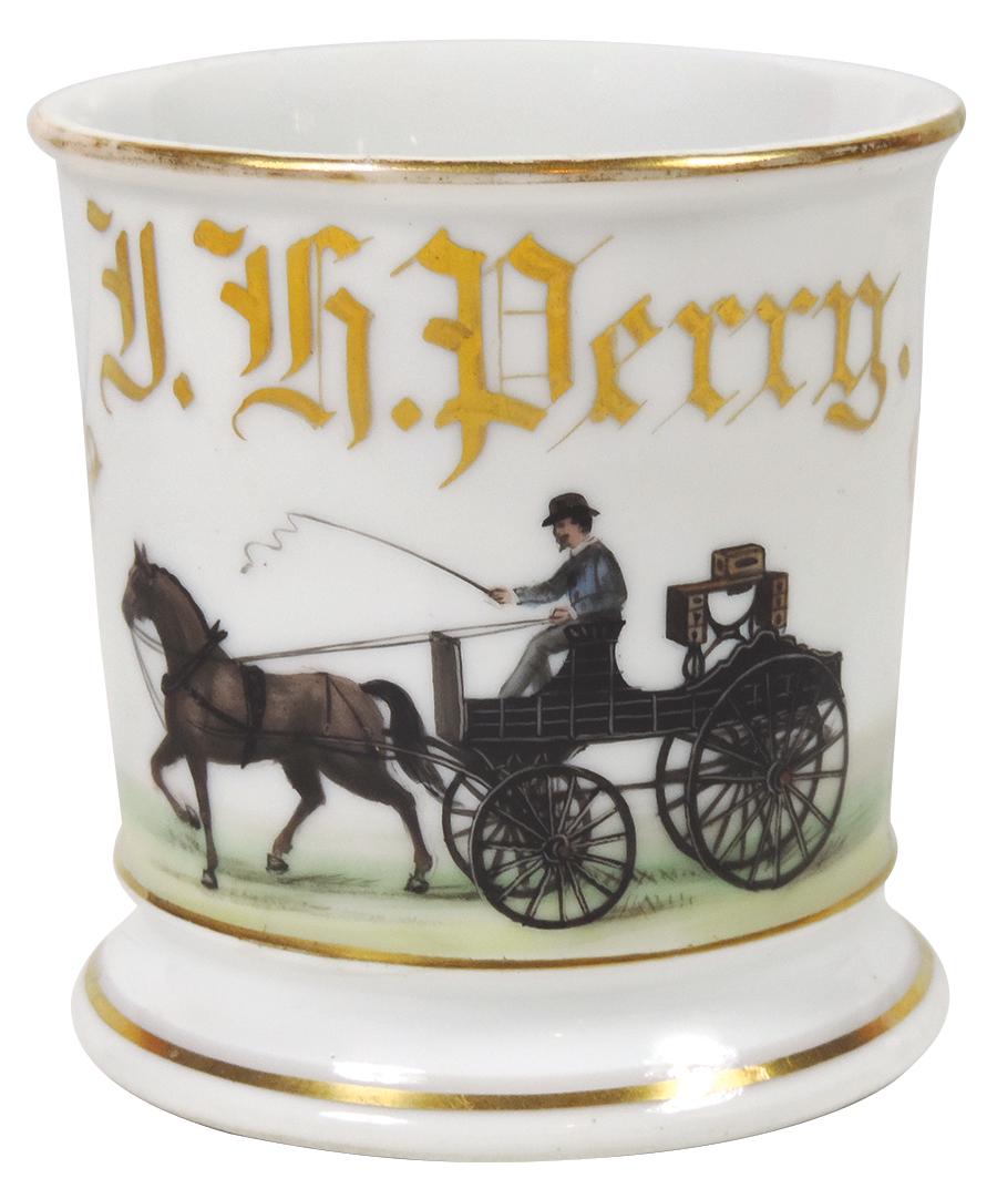Occupational Shaving Mug, Furniture Merchant Delivery: Occupational Shaving Mug, Furniture Merchant Delivery Wagon w/Sewing Machine, Horse-Drawn w/driver, bottom stamped D&C, personalized J.H. Perry, well executed image, Exc+ cond w/minor gold wear on upp