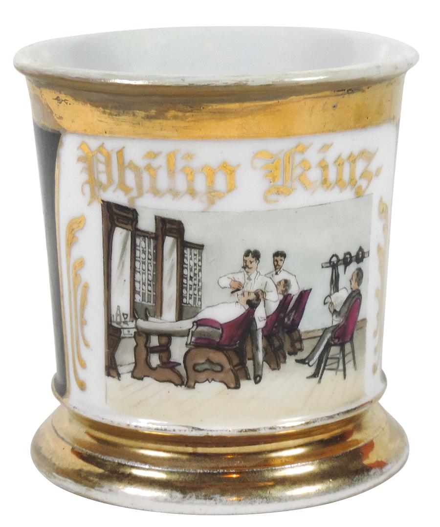 Occupational Shaving Mug, Barber, 2 Barbers, bottom: Occupational Shaving Mug, Barber, 2 Barbers, bottom marked T&V, personalized Philip King, standard black wrap covers back of mug, Exc cond w/some wear on gold bands, 4"H.