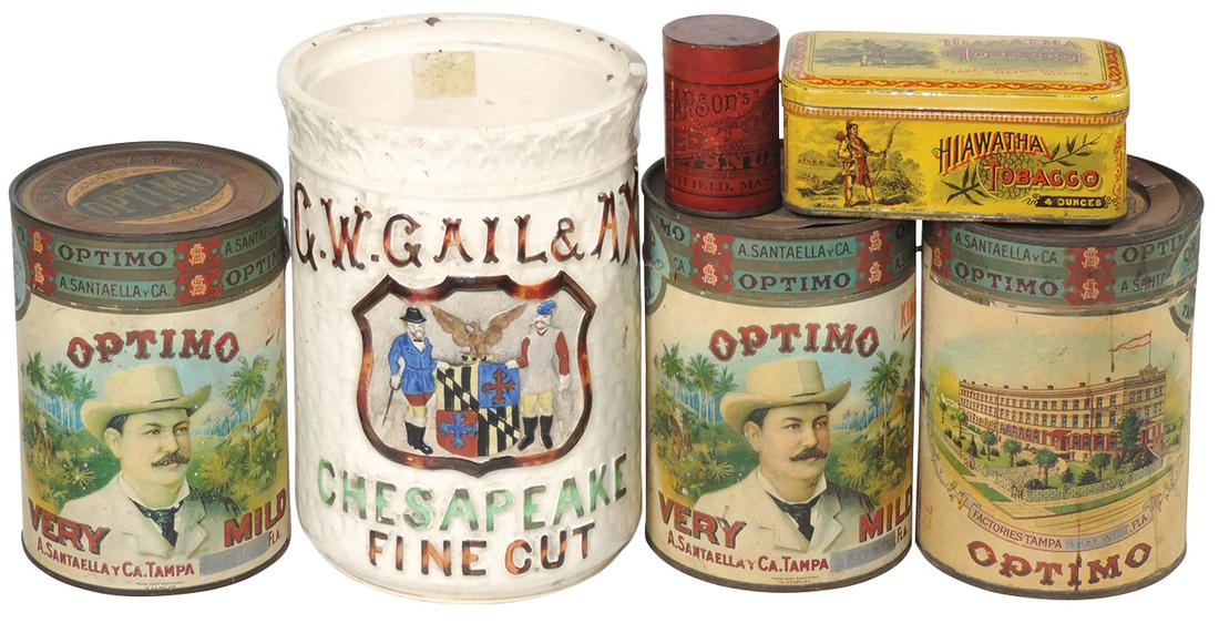 Tobacciana (6), G.W. Gail & Ax Ironstone Humidor: Tobacciana (6), G.W. Gail & Ax Ironstone Humidor w/embossed label, (3) "Optimo Cigar" paper containers, Hiawatha tin & "Red Top" snuff tin, largest 7.5"H, Good to VG cond, noting a chip on humidor rim