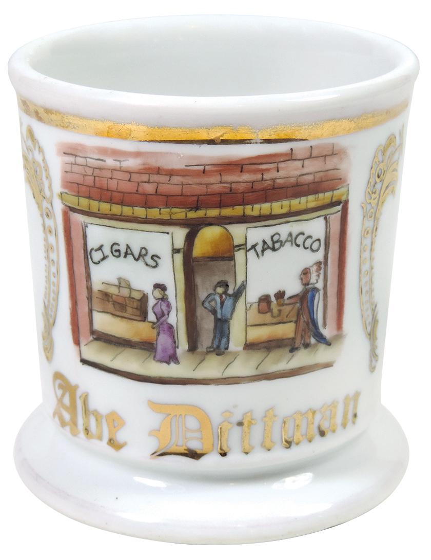 Occupational Shaving Mug, Koken Cigar Store w/Cigar: Occupational Shaving Mug, Koken Cigar Store w/Cigar Store Indian out front, bottom reads "Decorated by Koken Barber's Supply Co." & pictures the Congress Barber Chair, personalized Abe Dittman, Exc co