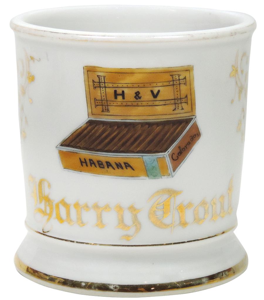 Occupational Shaving Mug, Cigar Store Owner, cigar box: Occupational Shaving Mug, Cigar Store Owner, cigar box marked H&V Havana w/Colorado on side, "25" handwritten on bottom, personalized Harry Trout, Exc+ cond w/some wear on gold bands, 3.5"H.
