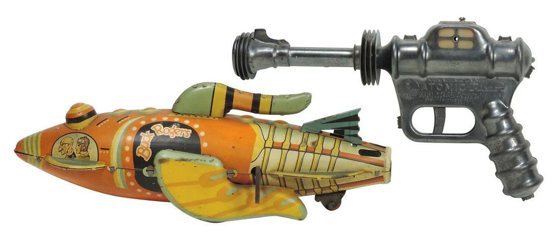 Toy Buck Rogers Rocket Ship & Buck Rogers Atomic: Toy Buck Rogers Rocket Ship & Buck Rogers Atomic Pistol, Marx litho on tin rocket ship w/built-in key, nice graphics w/Buck, Wilma Deering & Dr. Huer in cockpit windows, winds but doesn't always catch