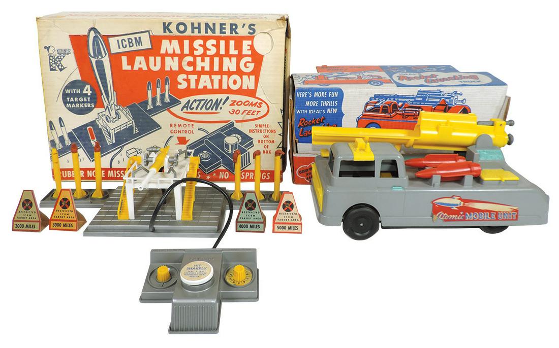 Toy Rocket Launchers (2), c .1960's plastic, Ideal: Toy Rocket Launchers (2), c .1960's plastic, Ideal Rocket Launching Truck & Kohler's Missile Station, both complete, Exc+ cond in orig boxes, station has some age deterioration to rubber missile tips,