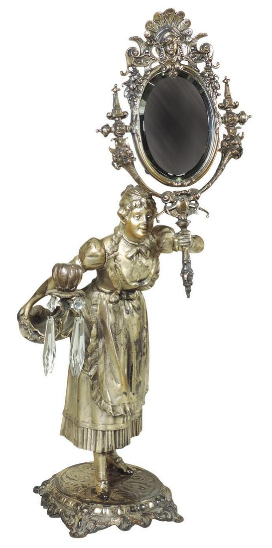 Shaving Mirror, Victorian, figural young maid w/mirror: Shaving Mirror, Victorian, figural young maid w/mirror holding a clam shell, candle socket terminal under a silvered finish, Good to VG cond w/repair to arm holding mirror & some wear to silvering, 26