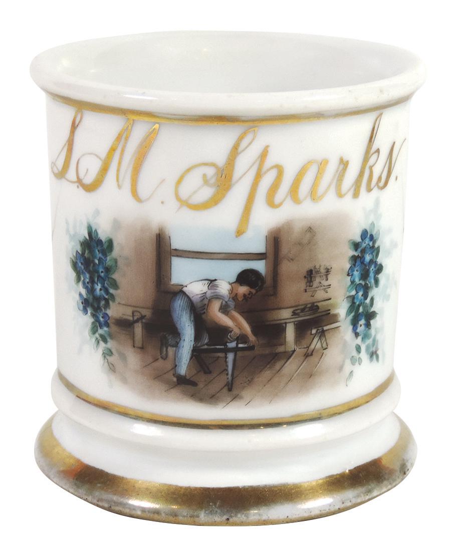 Occupational Shaving Mug, Carpenter, hand-painted image: Occupational Shaving Mug, Carpenter, hand-painted image of man sawing board, unmarked bottom, personalized L.M. Sparks, Exc+ cond w/minor wear on gold bands, 3 7/8"H.
