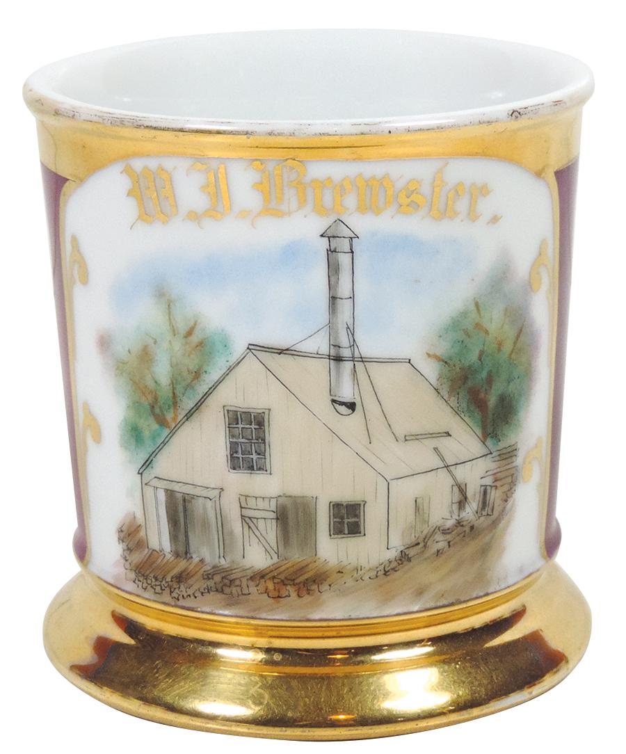 Occupational Shaving Mug, Lumber Yard Kiln, Very Rare,: Occupational Shaving Mug, Lumber Yard Kiln, Very Rare, stamped CFH over GDM, personalized W.J. Brewster, detailed image of kiln surrounded by lumber w/magenta wrap, Near-Mint cond, 3.75"H.