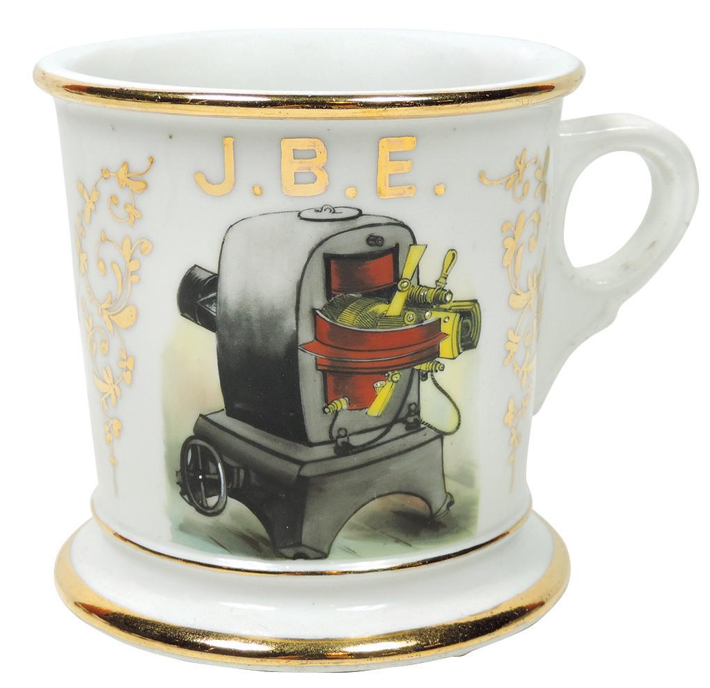 Occupational Shaving Mug, Movie Projector Operator,: Occupational Shaving Mug, Movie Projector Operator, Very Rare image, bottom stamped W.G. & Co.-Limoges France & J.E. Neville-Quincy, personalized J.B.E., colorful detailed image of a very early projec