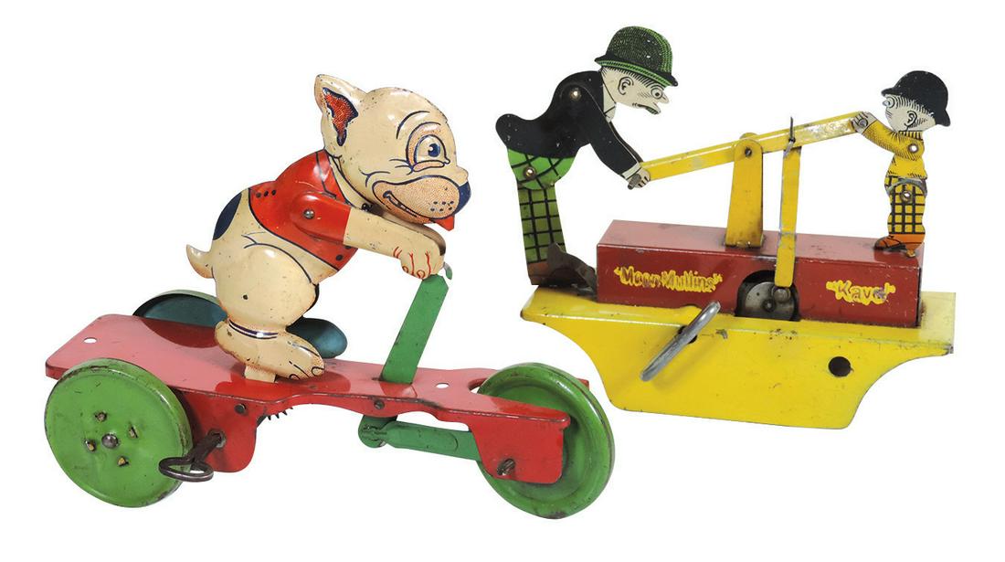 Toys (2), 1930's Marx Moon Mullins & Kayo Hand Car &: Toys (2), 1930's Marx Moon Mullins & Kayo Hand Car & cartoon dog on hand car, both litho on tin windups, both VG to Exc cond, largest 7.75"L.