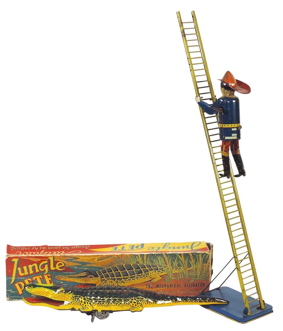 Toys (2), Marx Climbing Fireman, litho on tin windup,: Toys (2), Marx Climbing Fireman, litho on tin windup, VG+ cosmetic cond, works but sometimes gets toes caught in rungs, 21.5"H & Jungle Pete The Mechanical Alligator, mfgd by Automatic Toy Co., litho