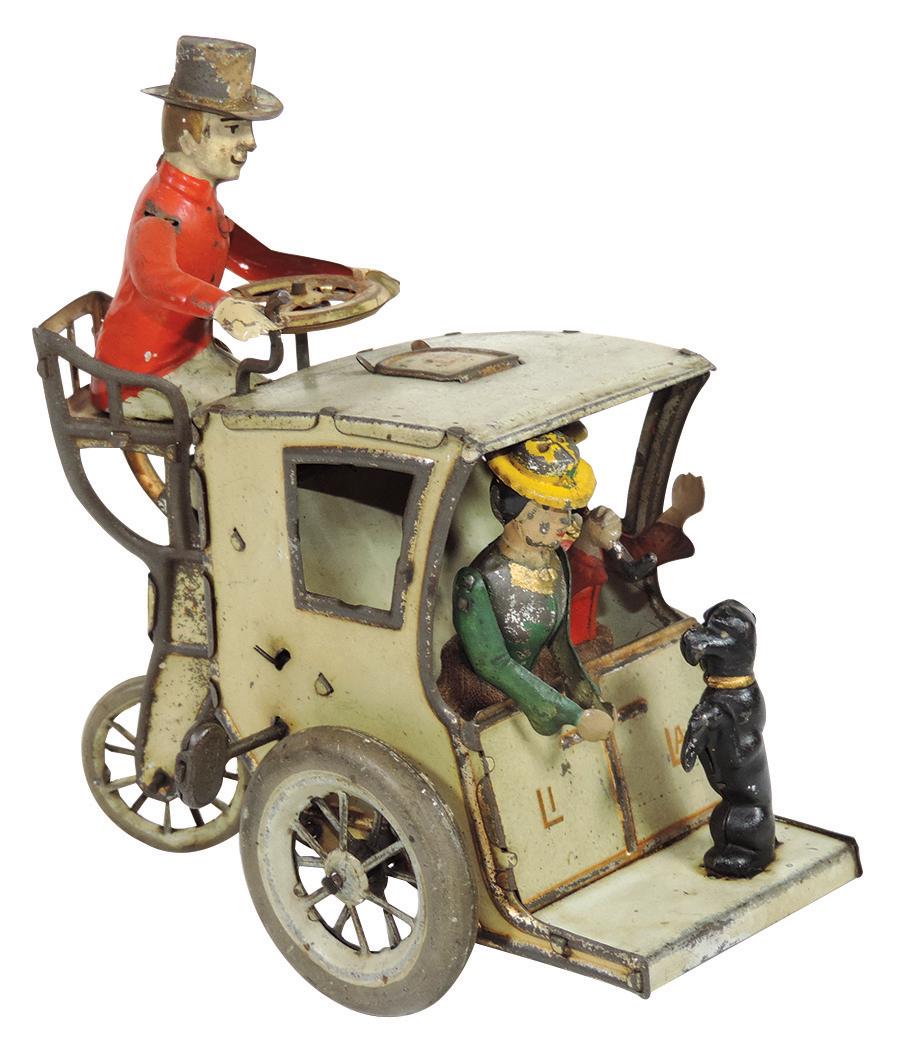 Toy Lehmann "Li-La" Hansom Cab, German litho on tin: Toy Lehmann "Li-La" Hansom Cab, German litho on tin w/clockwork drive, VG orig working cond, 5.5"H.