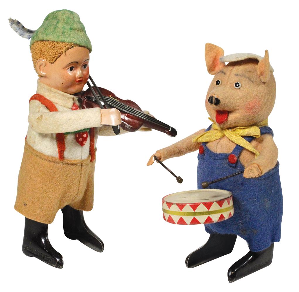 Toys (2), Schuco German windups, boy fiddler & pig: Toys (2), Schuco German windups, boy fiddler & pig drummer, both in Exc working cond, 5"H.