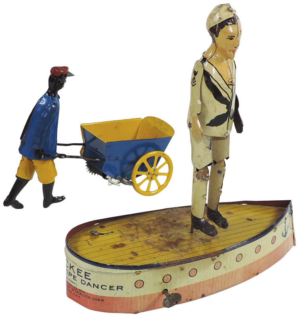 Toys (2), Strauss Jackee the Hornpipe Dancer & Strauss: Toys (2), Strauss Jackee the Hornpipe Dancer & Strauss Tip Top Black Man Porter, both litho on tin windups, early 1900's & working, dancer in Good to VG cond & Tip-Top Exc+ needing cleaning, up to 9"H