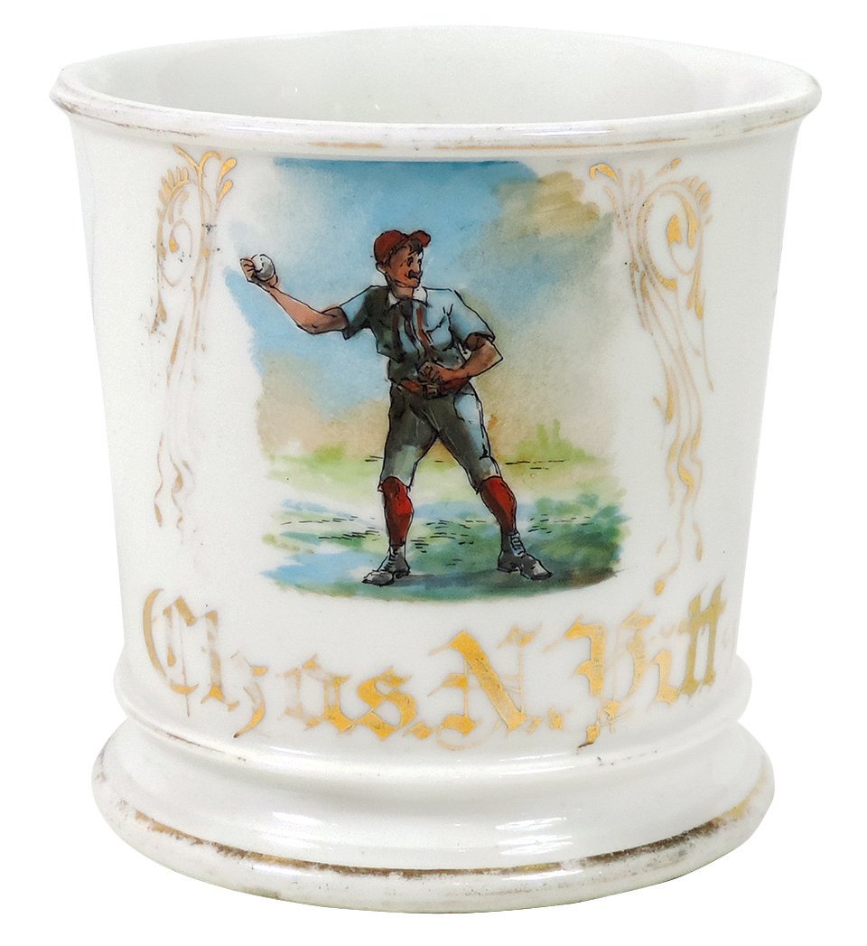 Occupational Shaving Mug, Baseball Pitcher, No Glove,: Occupational Shaving Mug, Baseball Pitcher, No Glove, bottom stamped W.G. & Co.-Limoges France, personalized Chas. N. Pitt, Exc cond w/some wear on gold trim, 3 5/8"H.