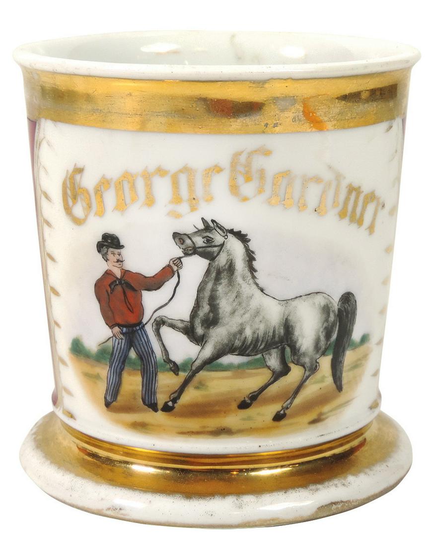 Occupational Shaving Mug, Horse Trainer, bottom stamped: Occupational Shaving Mug, Horse Trainer, bottom stamped PHL-Limoges France, personalized George Gardner, standard burgundy wrap, Exc cond w/some wear on gold bands, 4"H.