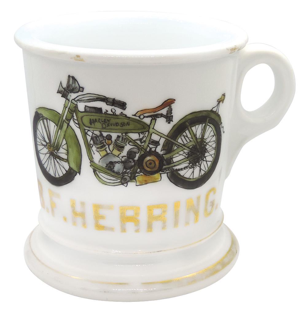 Occupational Shaving Mug, Harley Davidson Motorcycle,: Occupational Shaving Mug, Harley Davidson Motorcycle, Rare, personalized B.F. Herring, no bottom mark, Exc cond w/wear on gold bands, 4"H.