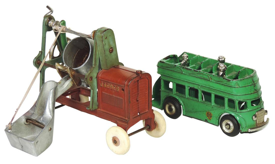 Toys (2), Arcade double-decker tour bus, cast iron: Toys (2), Arcade double-decker tour bus, cast iron w/orig paint & decal, VG+ cond w/(3) passengers, minor paint wear, 8"L & Kenton Jaeger cement mixer, cast iron w/balloon tires, VG+ cond w/orig paint