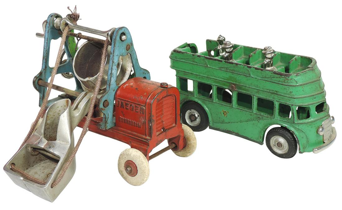 Toys (2), Arcade Double-Decker Tour Bus, cast iron: Toys (2), Arcade Double-Decker Tour Bus, cast iron w/orig paint, partial decal & (3) passengers, minor paint wear, 8"L & Kenton Jaeger Cement Mixer, cast iron w/orig paint & balloon tires, both VG+ co