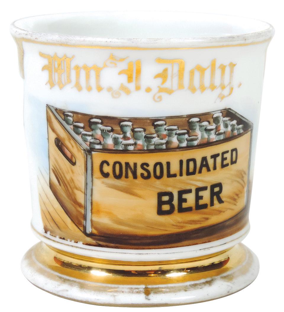 Occupational Shaving Mug, Consolidated Beer: Occupational Shaving Mug, Consolidated Beer Owner/Employee, Consolidated Brewery opened in New Jersey in 1890, well-detailed image of case of bottled beer, unmarked bottom, personalized Wm. F. Daly, E