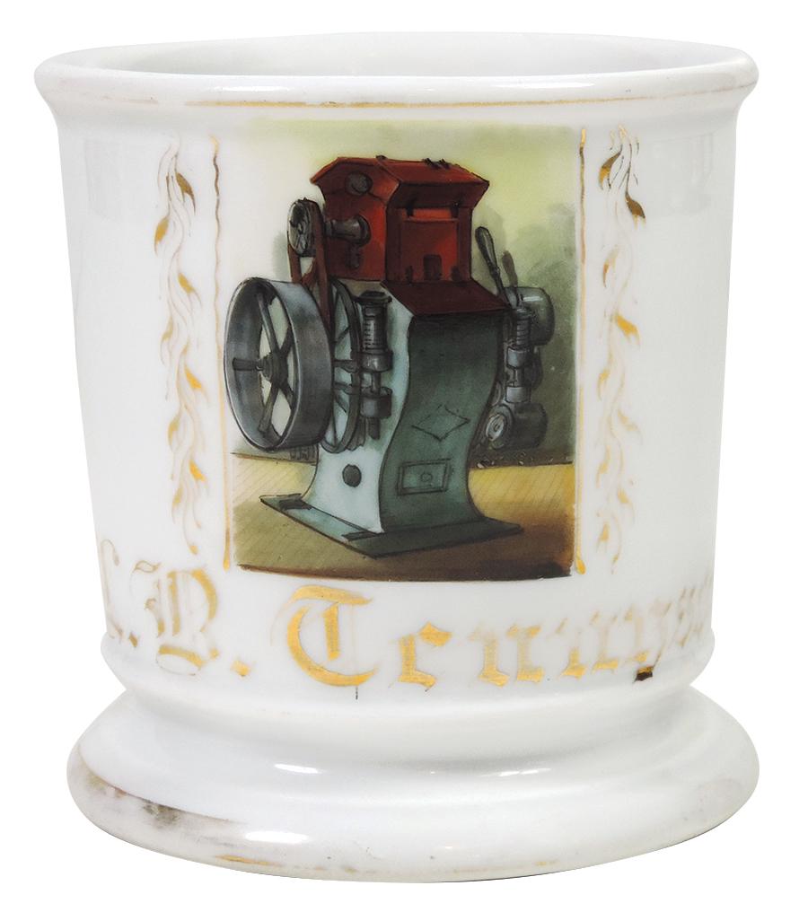 Occupational Shaving Mug, Corn Husker, circle stamp on: Occupational Shaving Mug, Corn Husker, circle stamp on bottom too faint to read, personalized F.B. Ceningson, Exc image, VG+ to Exc o/all cond w/wear on gold bands & part of name, 4"H.