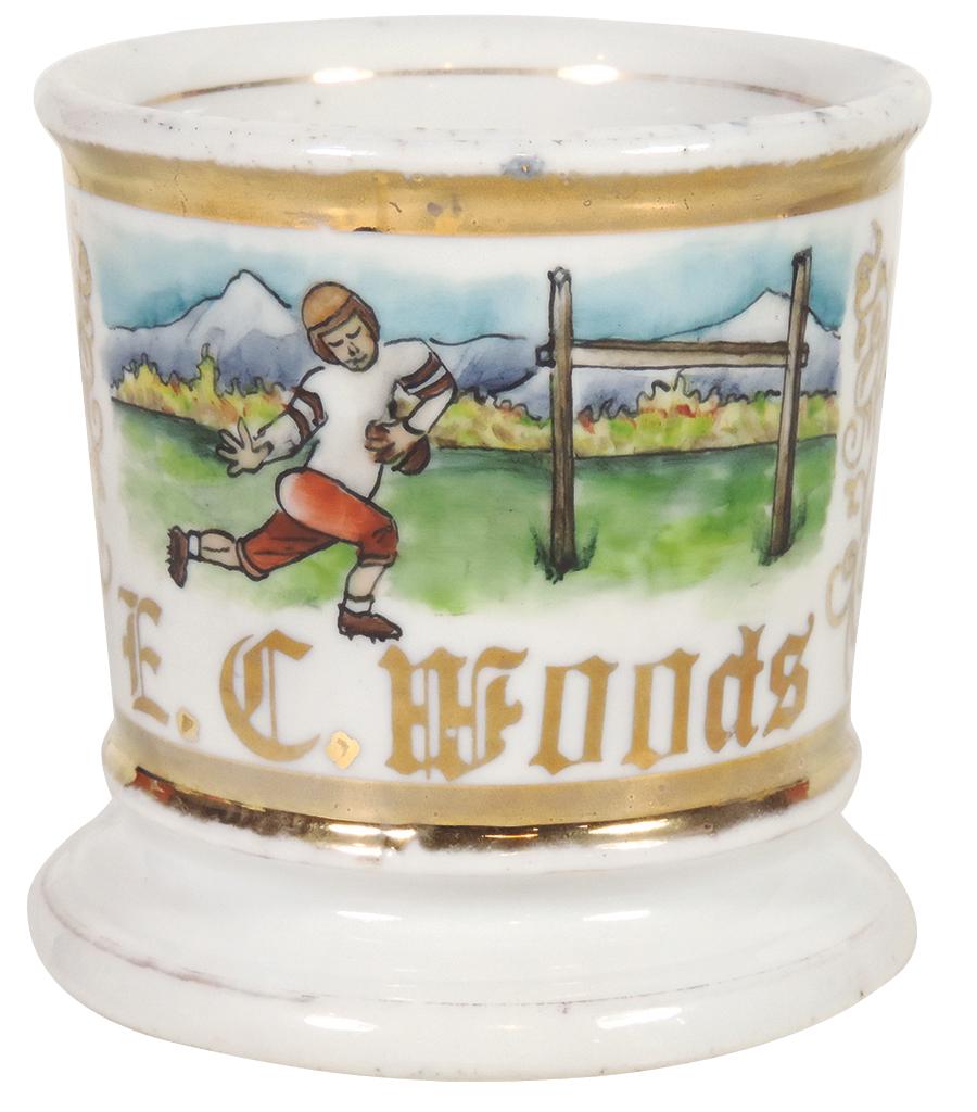 Occupational Shaving Mug, Football Player with Ball,: Occupational Shaving Mug, Football Player with Ball, Rare image, bottom stamped VxD Austria, Exc cond w/some wear on bottom gold band, 3.5"H.
