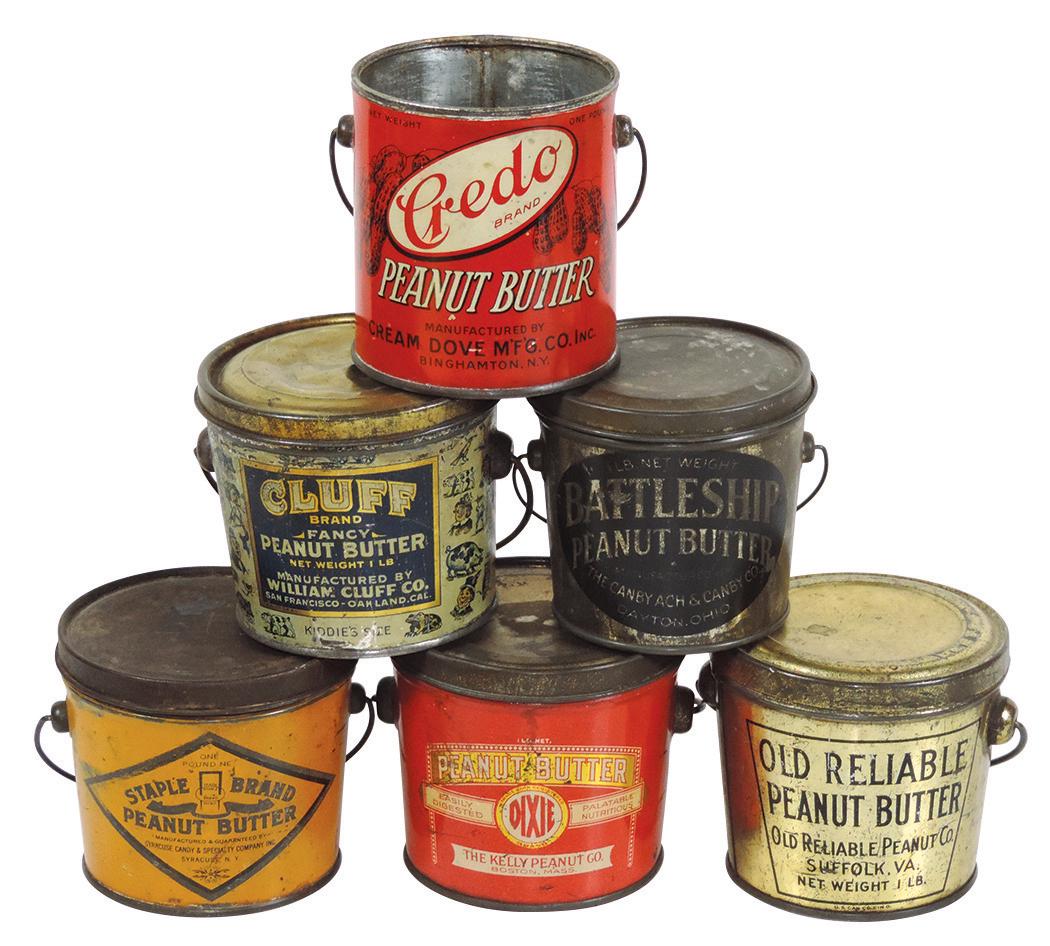 Children's Peanut Butter Pails (6), Dixie Peanut: Children's Peanut Butter Pails (6), Dixie Peanut Butter, Staple Brand, Cluff (fun graphics), Old Reliable & Battleship, all w/lids & handles & Credo w/missing lid, all 1# tins in VG & VG+ cond, 3.5" t