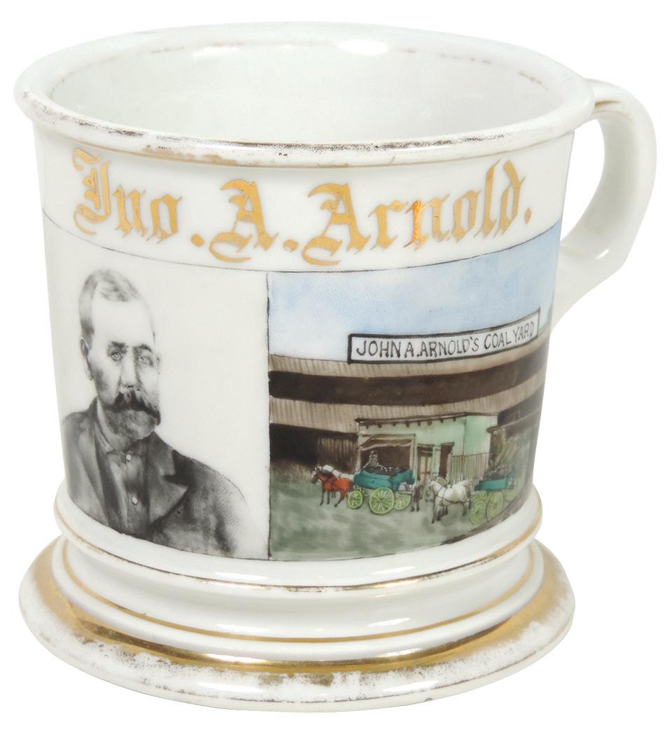 Occupational Shaving Mug, Coal Yard Owner, John A.: Occupational Shaving Mug, Coal Yard Owner, John A. Arnold's Coal Yard hand-painted colored illustration & photo of owner next to it, a Rare double illustration in Exc cond w/some wear on gold bands, 3