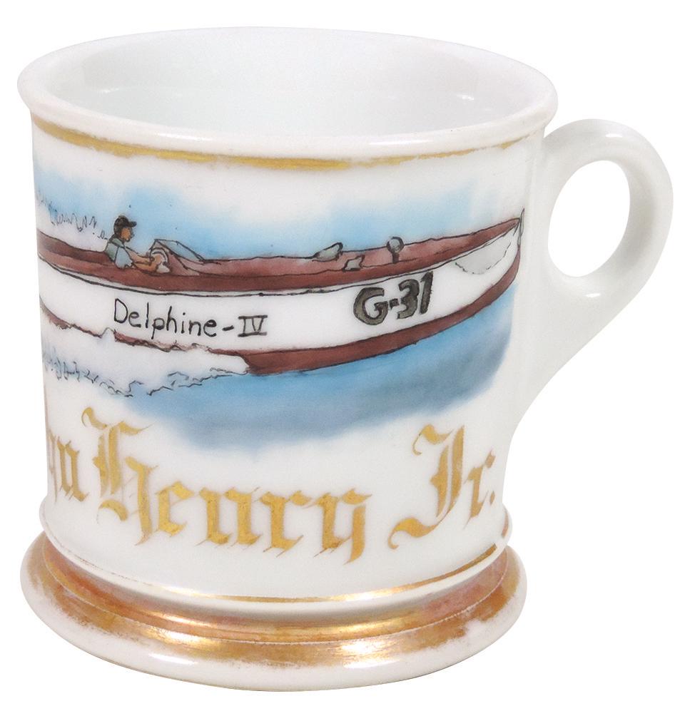 Occupational Shaving Mug, Delphine IV, 1932 Gold Cup: Occupational Shaving Mug, Delphine IV, 1932 Gold Cup winner owned by Horace Dodge, co-founder of the Dodge Motor Co., personalized John Henry Jr., a Rare Historical mug in Exc cond w/minor wear on gol