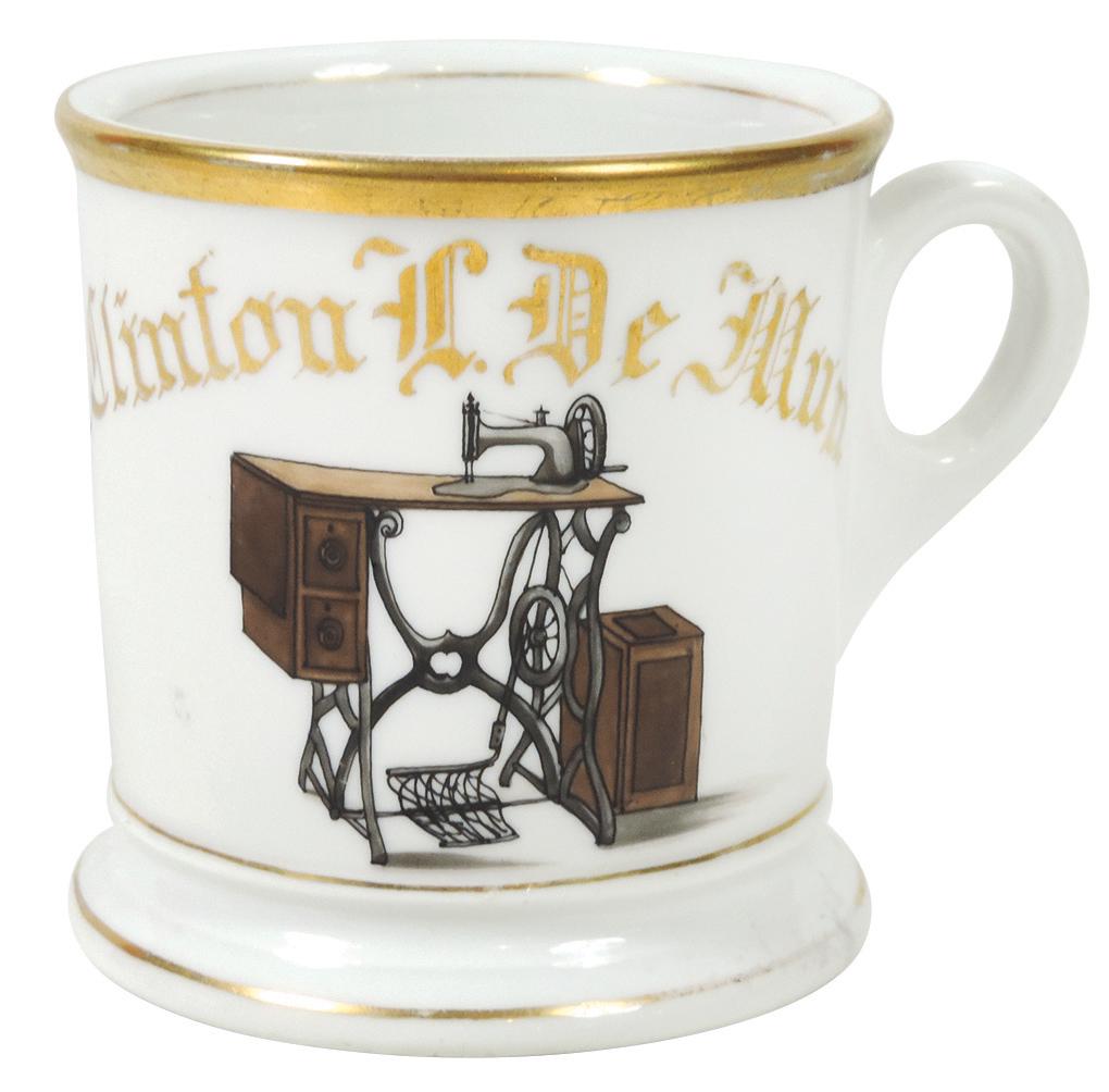 Occupational Shaving Mug, Sewing Machine Salesman,: Occupational Shaving Mug, Sewing Machine Salesman, unmarked bottom, personalized Clinton L. De Mun, Near-Mint cond w/very minor loss on bottom gold band, 3.75"H.
