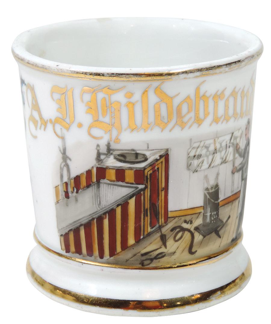 Occupational Shaving Mug, Plumber, detailed image: Occupational Shaving Mug, Plumber, detailed image w/tools & fixtures, colorful floral wrap, unmarked bottom, personalized A.J. Hildebrand, Exc cond w/some wear on top gold band, 3.5"H.