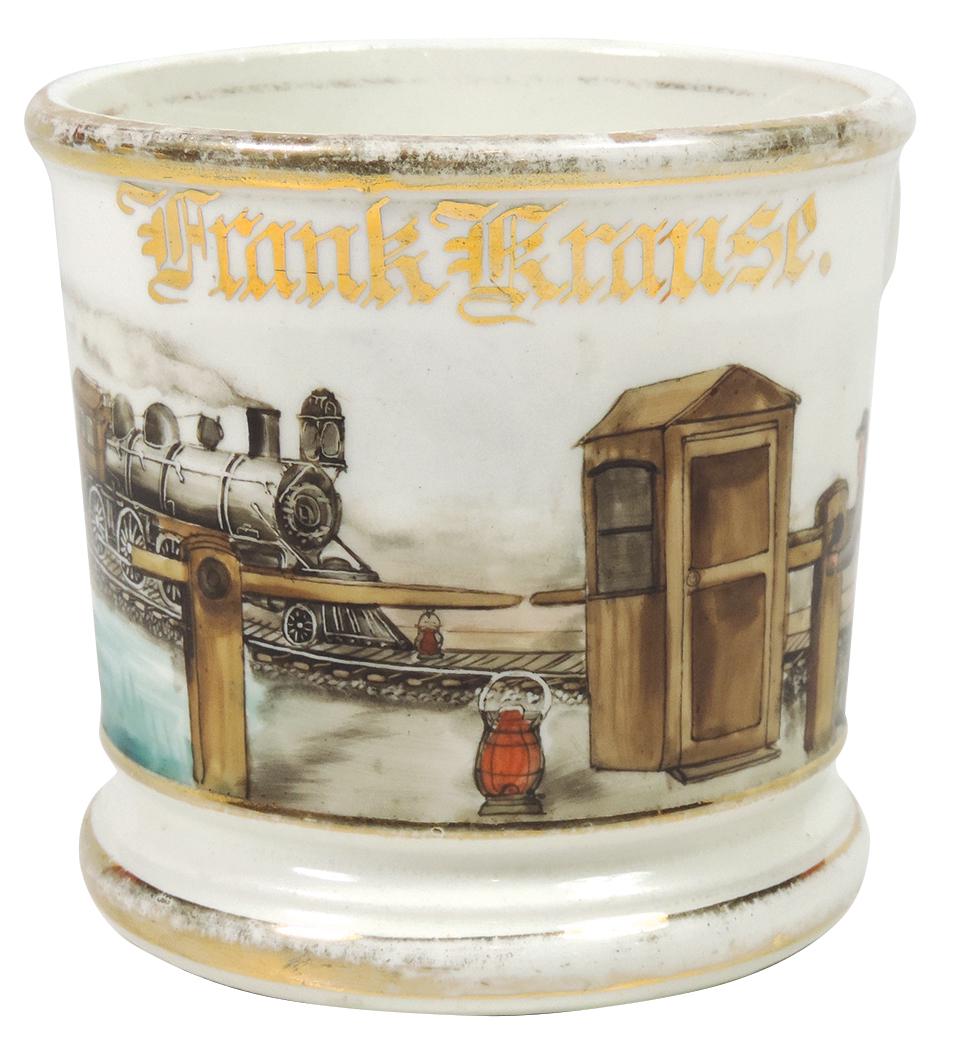 Occupational Shaving Mug, Railroad Switchman, marked J.: Occupational Shaving Mug, Railroad Switchman, marked J. Ritter on bottom, personalized Frank Krause, large & detailed image w/locomotive, shack & switchman, Exc cond w/some wear on gold trim, 3.5"H.