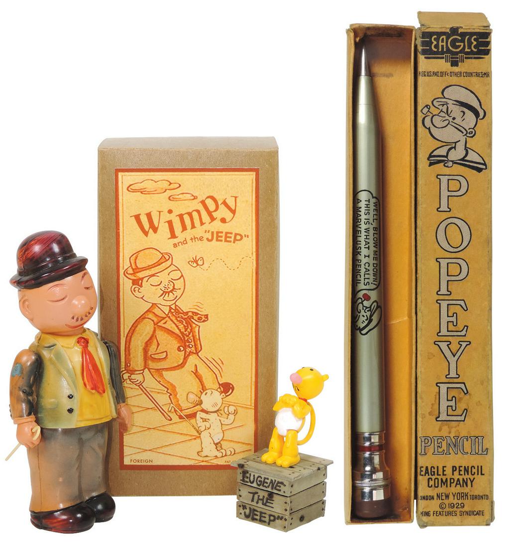 Toy Wimpy and the Jeep w/box, Occupied Japan celluloid: Toy Wimpy and the Jeep w/box, Occupied Japan celluloid windup w/built-in key, paint over shoulder pin on right arm, o/wise Exc working cond, prof remanufactured box in Mint cond, Wimpy 6.5"H & Popeye