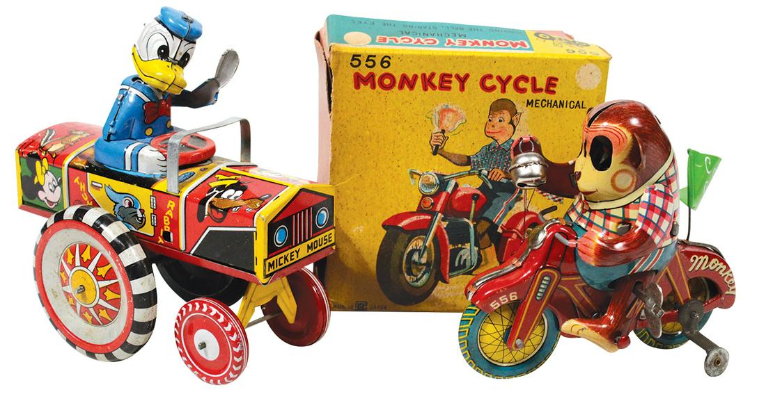 Toys (2), Marx Donald Duck Dipsy Car & Bandai Japan: Toys (2), Marx Donald Duck Dipsy Car & Bandai Japan Monkey Cycle, both litho on tin windups, car is Exc cond w/some spotted oxidation, cycle is MIB w/wear to box, larger 6"L.
