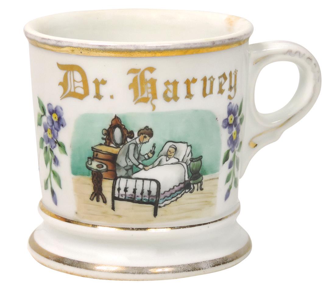Occupational Shaving Mug, Doctor at Bedside, bottom: Occupational Shaving Mug, Doctor at Bedside, bottom stamped A. Kern B.S. Co.-St. Louis & Leonard-Vienna Austria, personalized Dr. Harvey, Exc+ cond w/light wear on gold bands, 3.5"H.